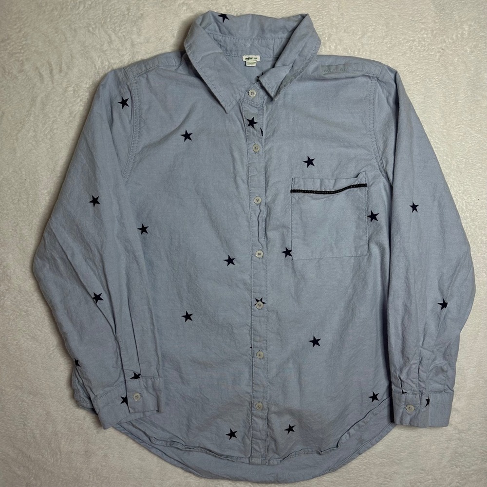 Aerie Women M Light Blue Navy Star Print Button Down Long Sleeve Shirt Oversized